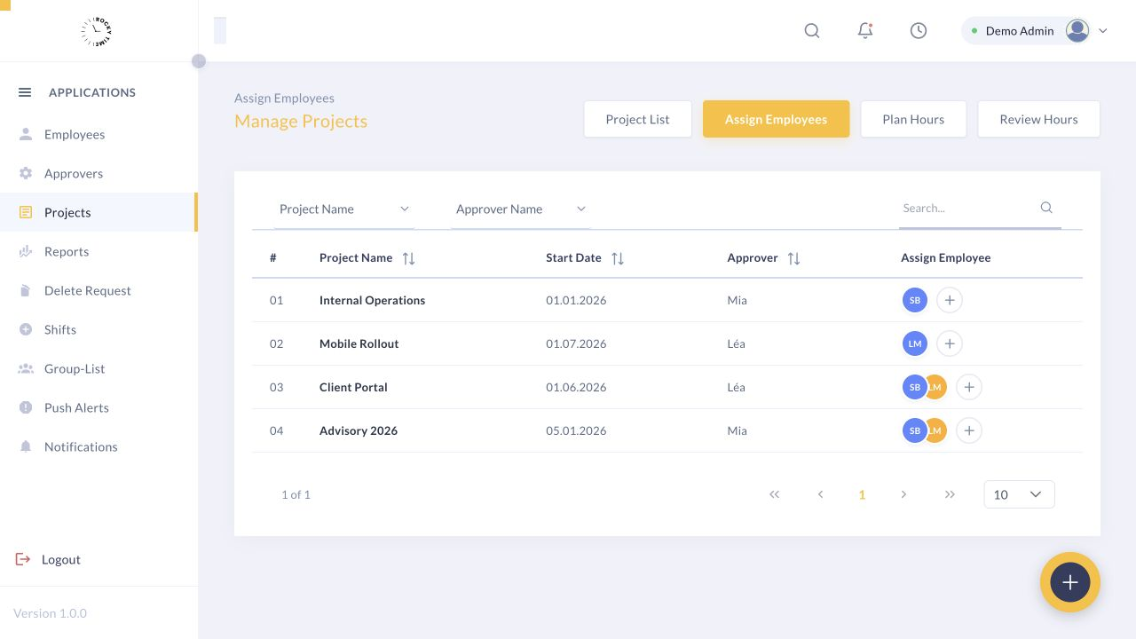 Rocky Time view for assigning synthetic employees to projects