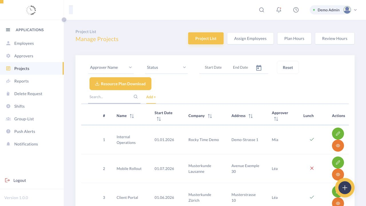Rocky Time project administration in the isolated synthetic demo tenant